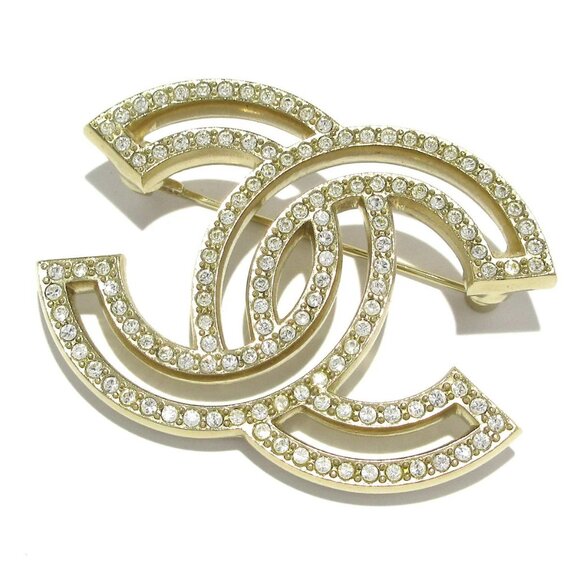 Auth CHANEL - Gold Clear Hardware Rhinestones Brooch - Picture 1 of 5